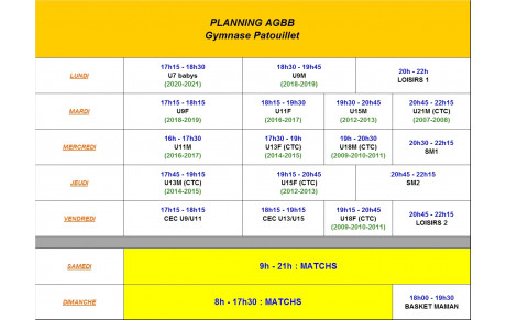Planning des entraînements 2026-2027